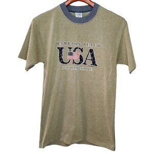 Vintage Mens Hampton Beach T Shirt M Ribbed Striped Tan Blue Cal Cru